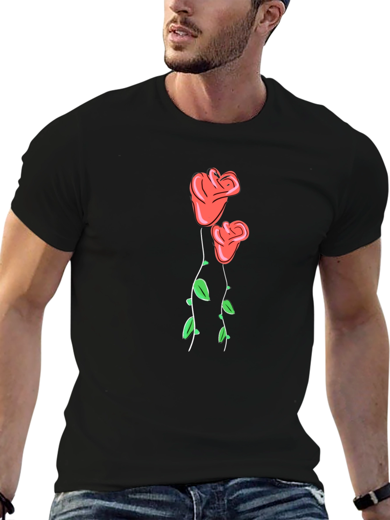 Black T-Shirt with Rose Graphic Print