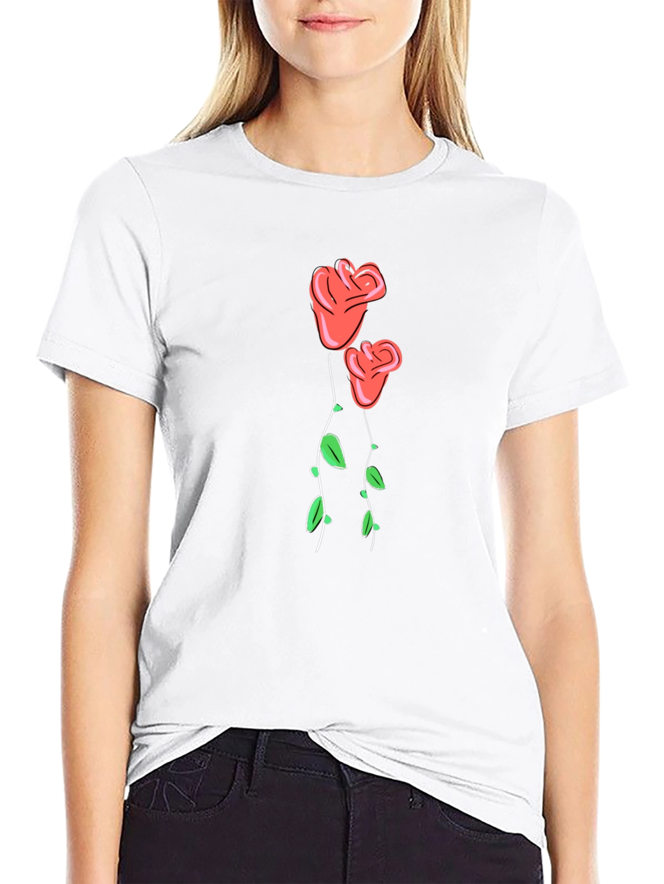 Black T-Shirt with Rose Graphic Print