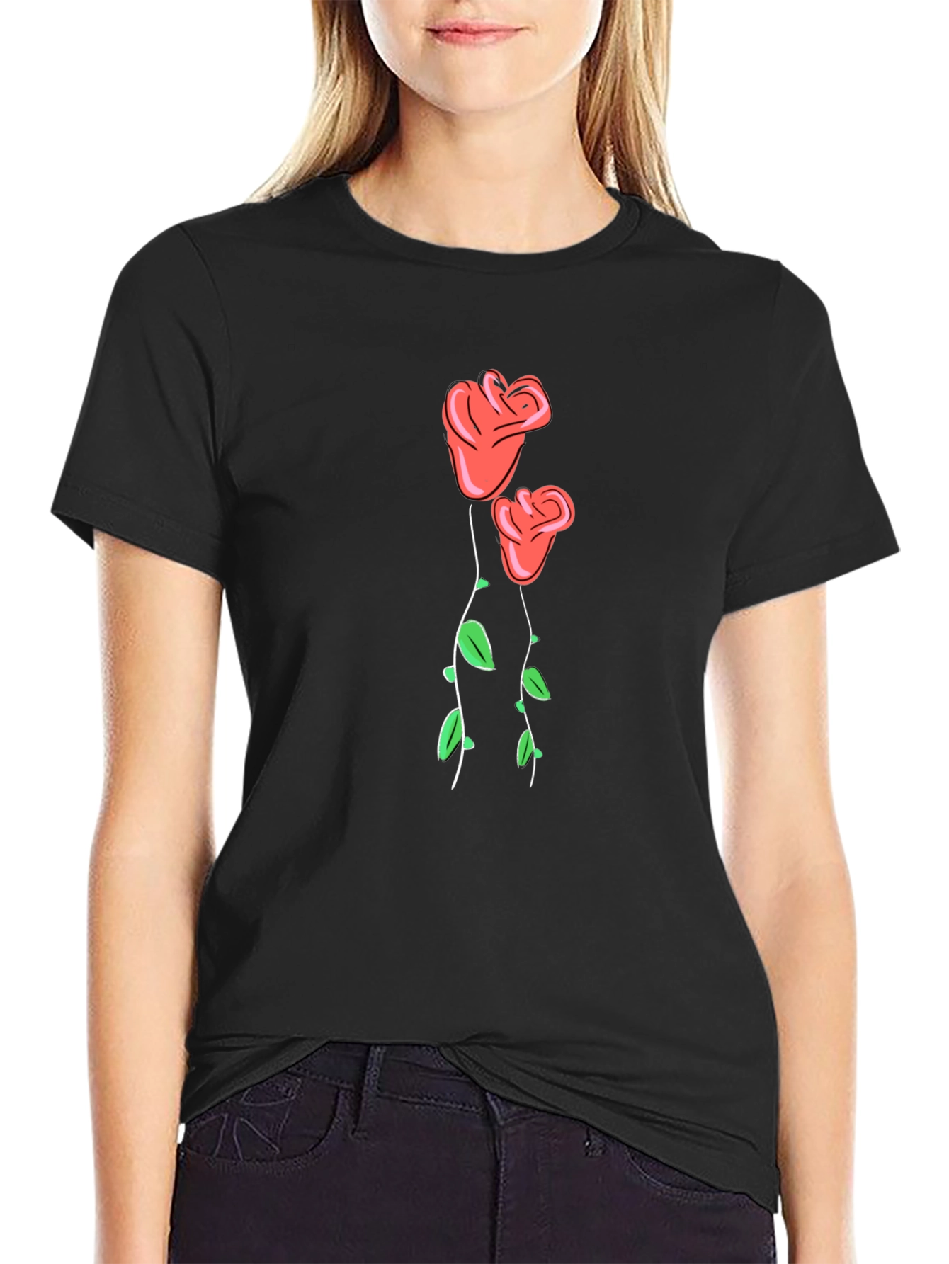 Black T-Shirt with Rose Graphic Print