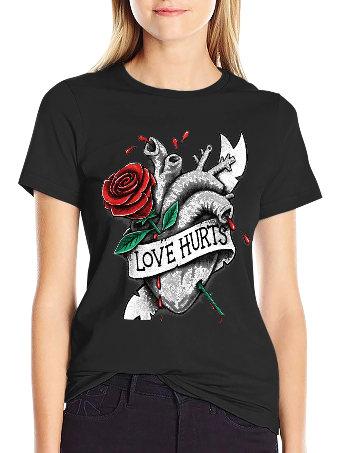 Love Hurts Heart & Rose Graphic T-Shirt