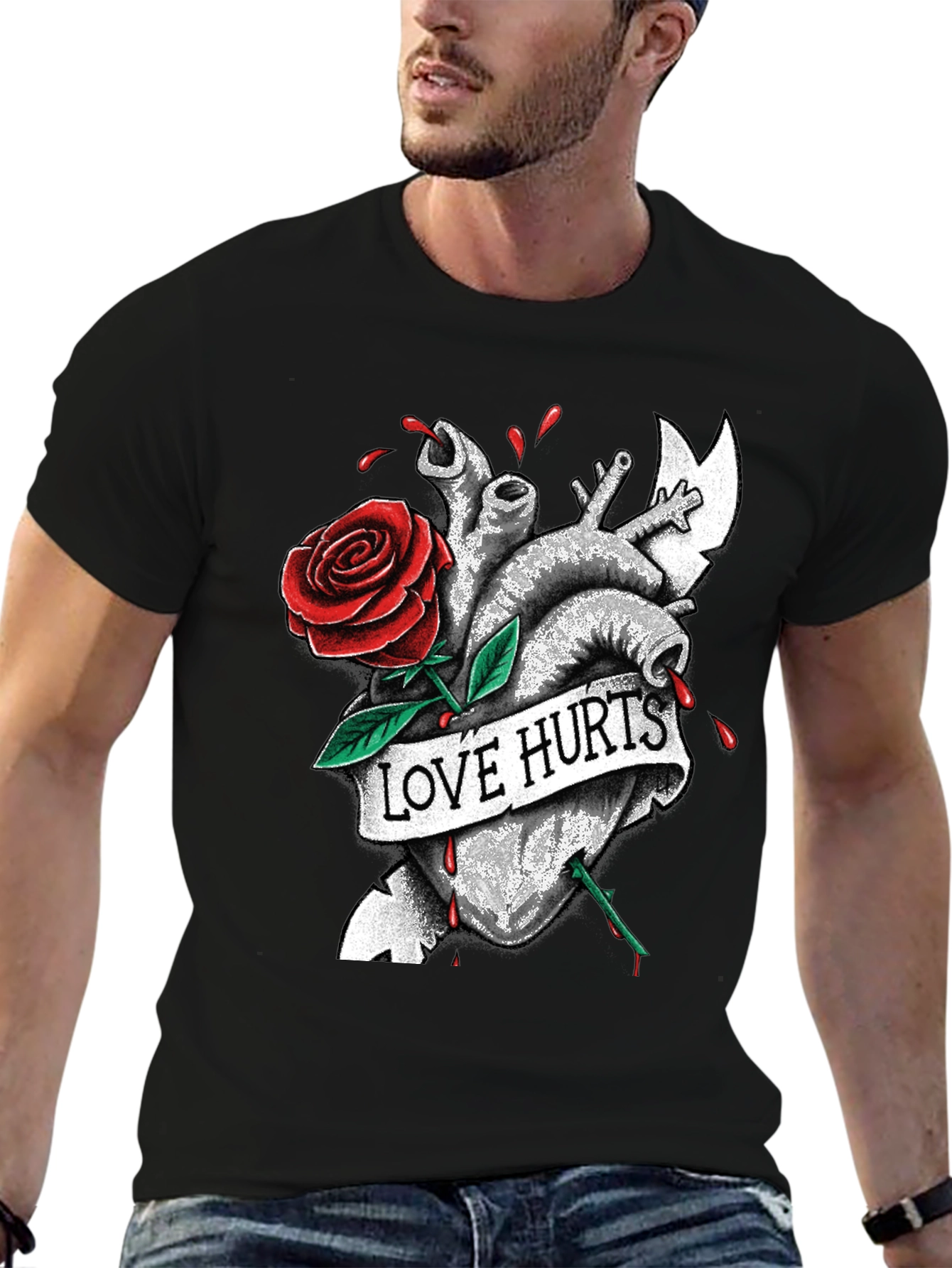 Love Hurts Heart & Rose Graphic T-Shirt