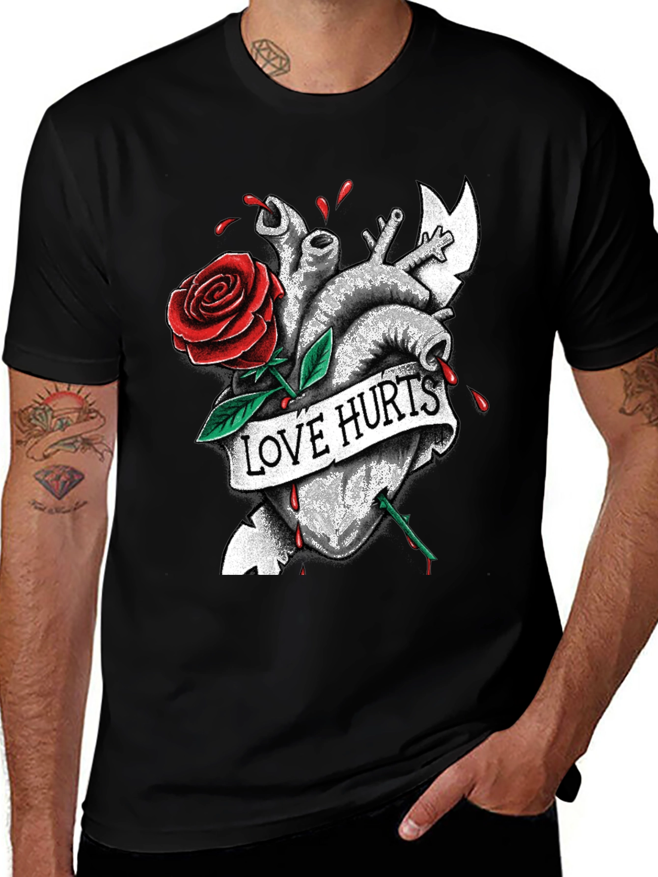Love Hurts Heart & Rose Graphic T-Shirt