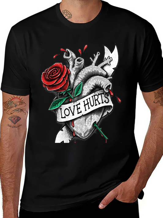 Love Hurts Heart & Rose Graphic T-Shirt