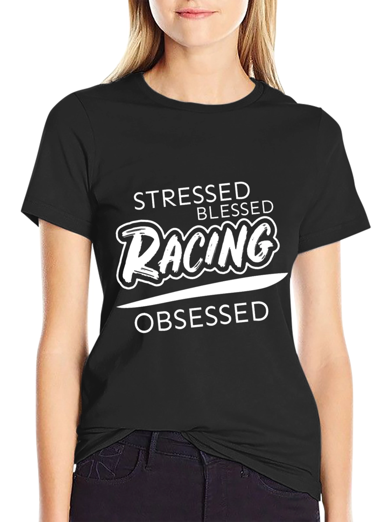 Stressed Blessed Racing Obsessed Black Tee Shirt