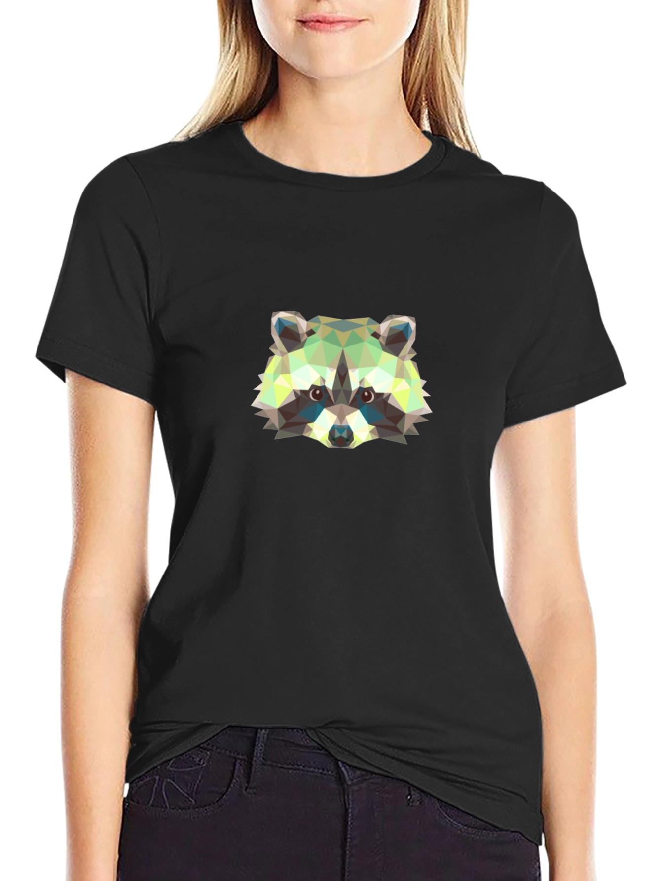 Geometric Raccoon Graphic Tee - Black Cotton Shirt