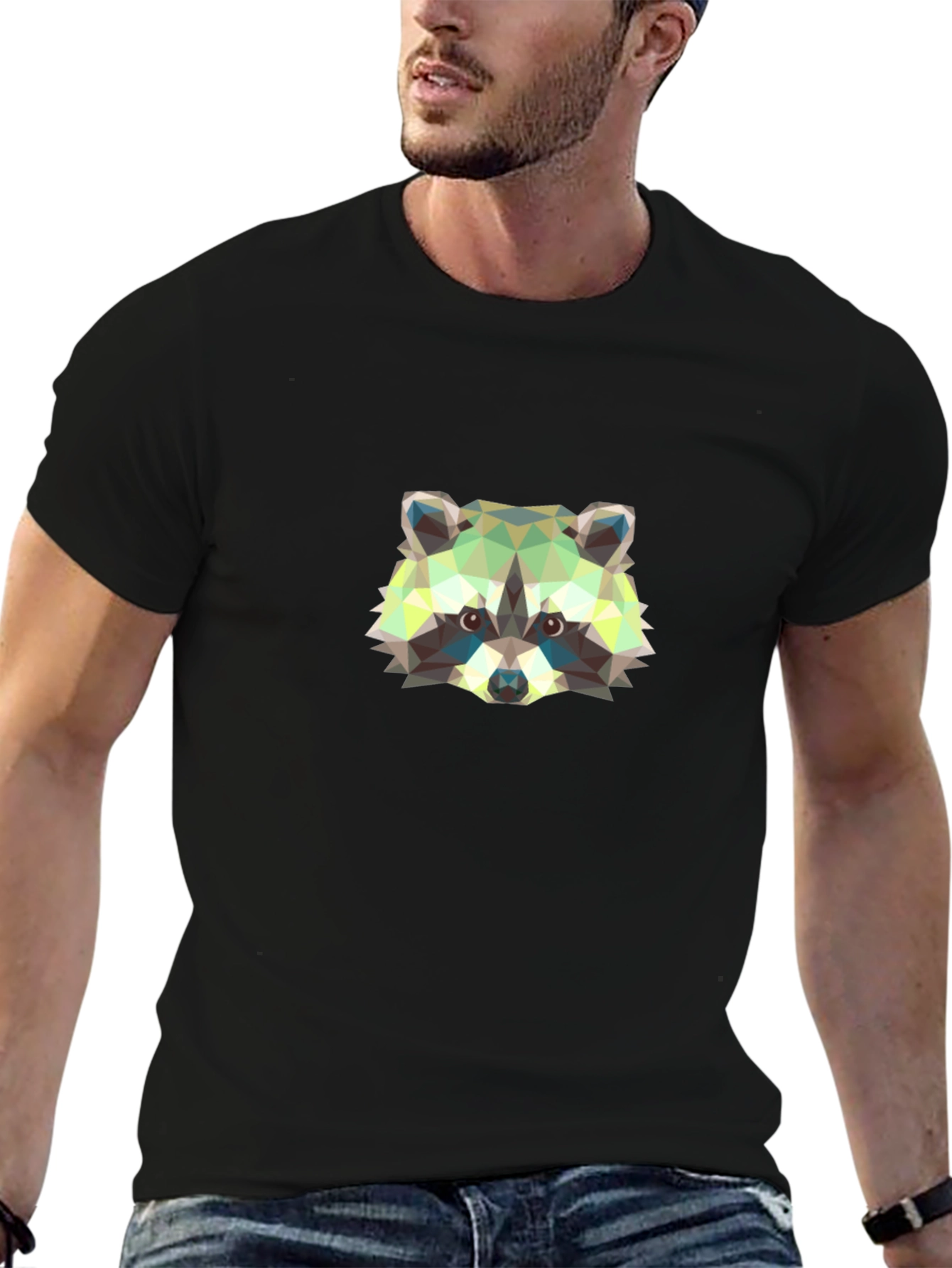 Geometric Raccoon Graphic Tee - Black Cotton Shirt