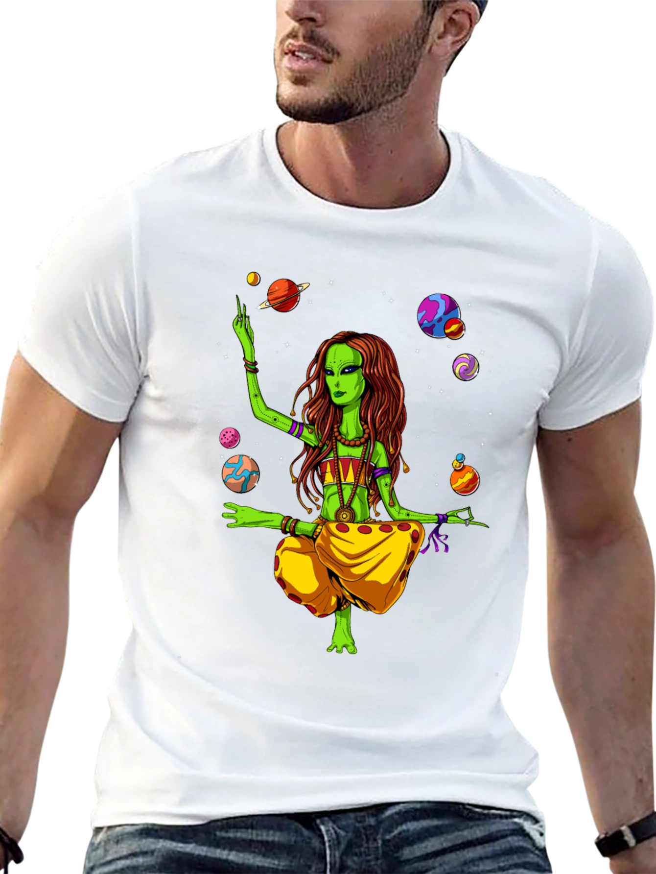 Alien Yoga Planets Graphic T-Shirt