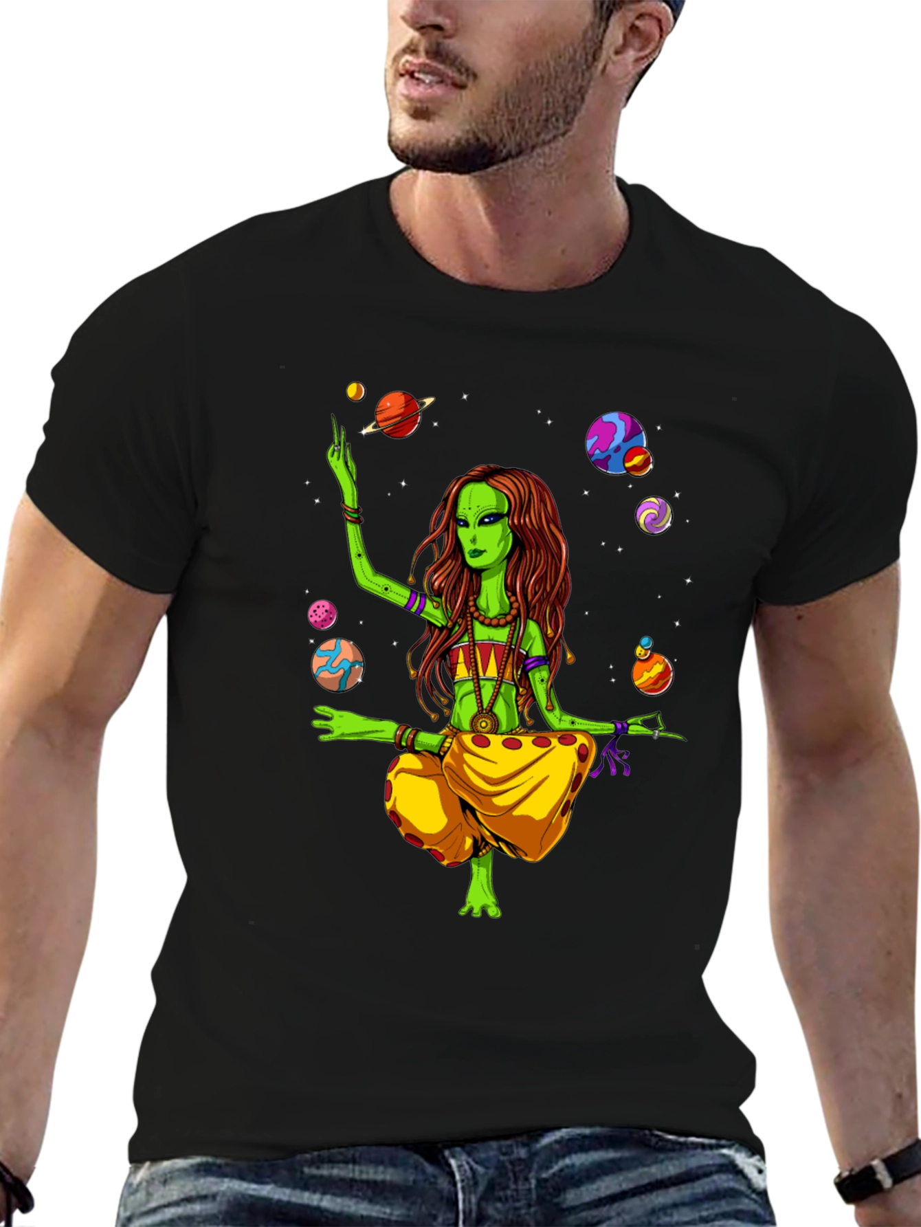 Alien Yoga Planets Graphic T-Shirt