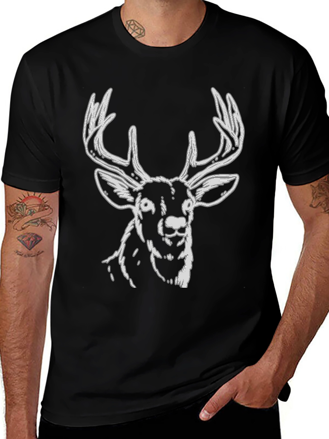 Deer Graphic Tee - Black Cotton Casual Style