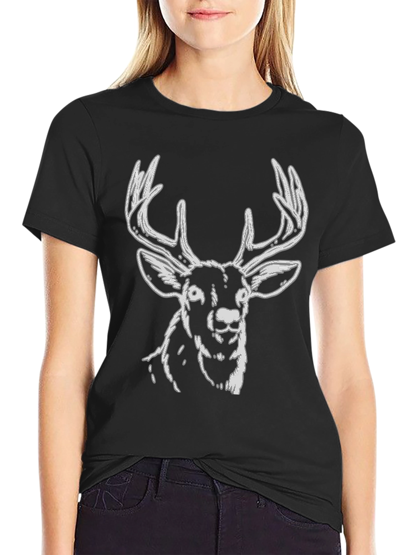 Deer Graphic Tee - Black Cotton Casual Style