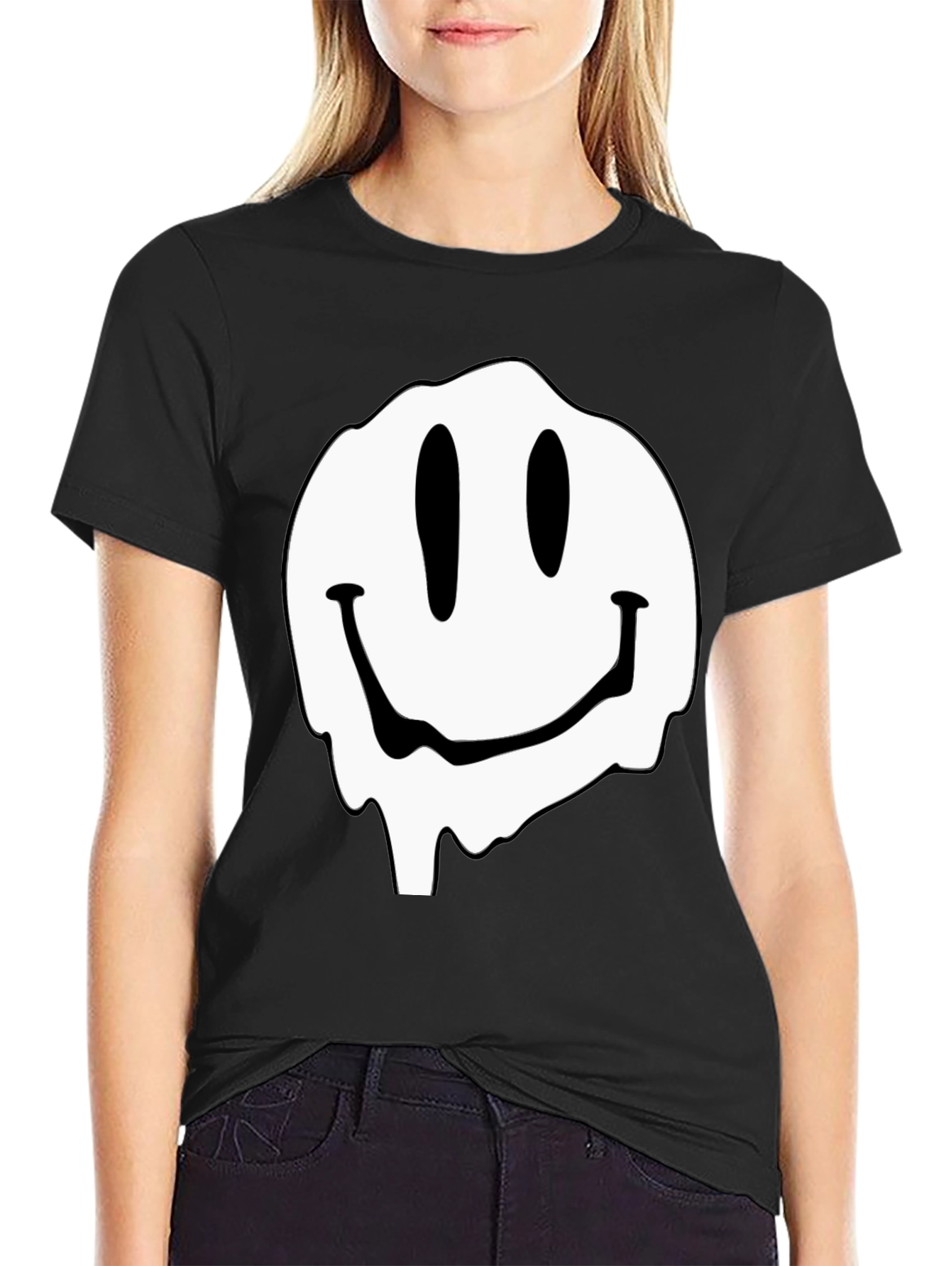Melting Smiley Face Graphic Black T-Shirt