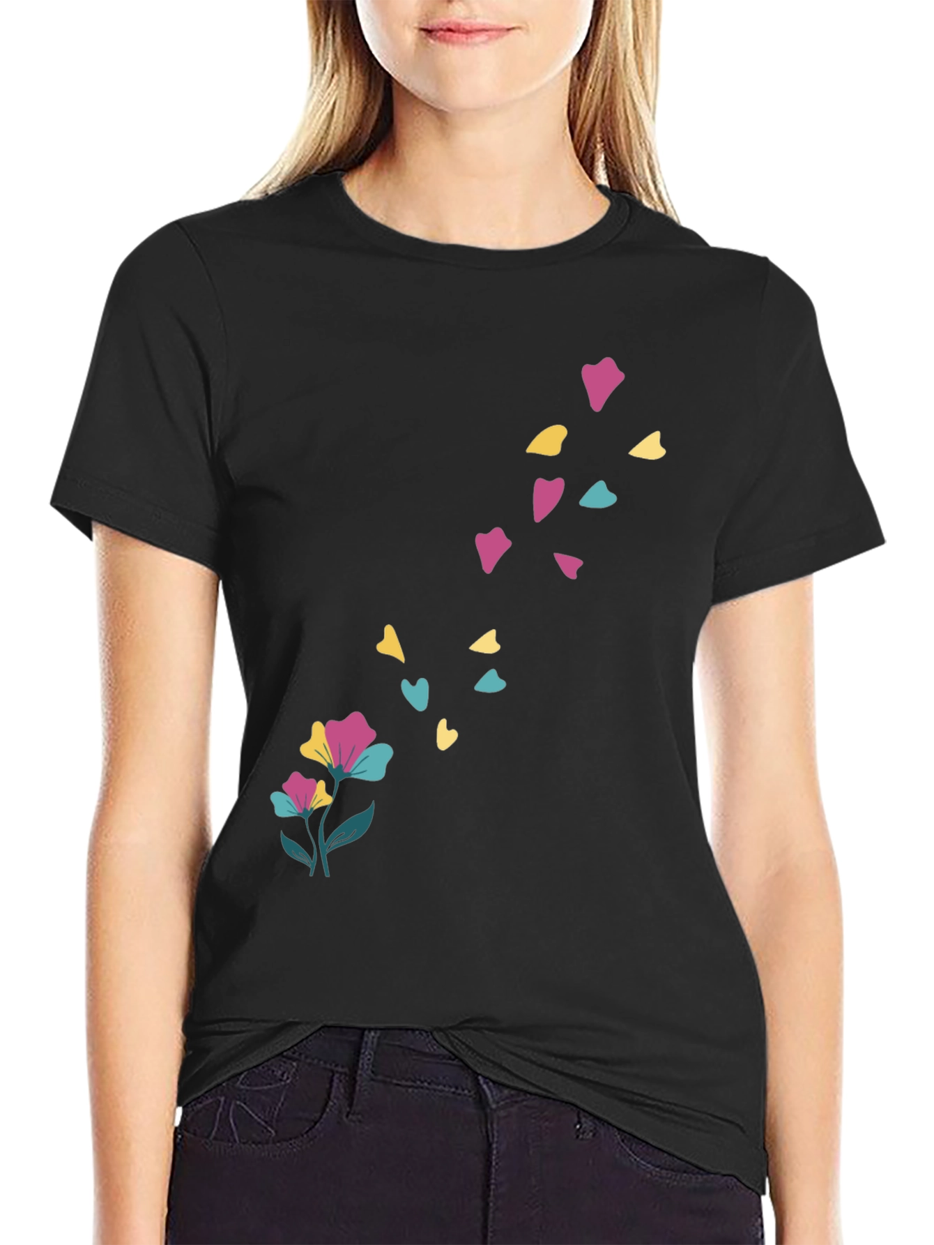 Floral Heart Petal Black T-Shirt
