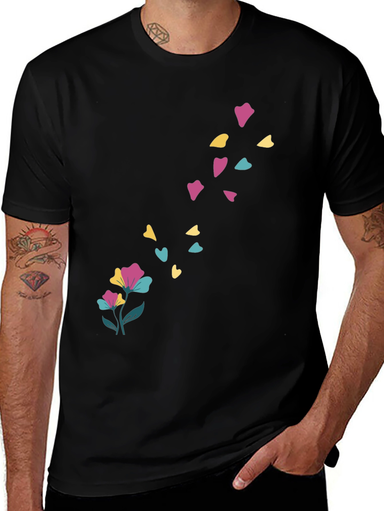 Floral Heart Petal Black T-Shirt