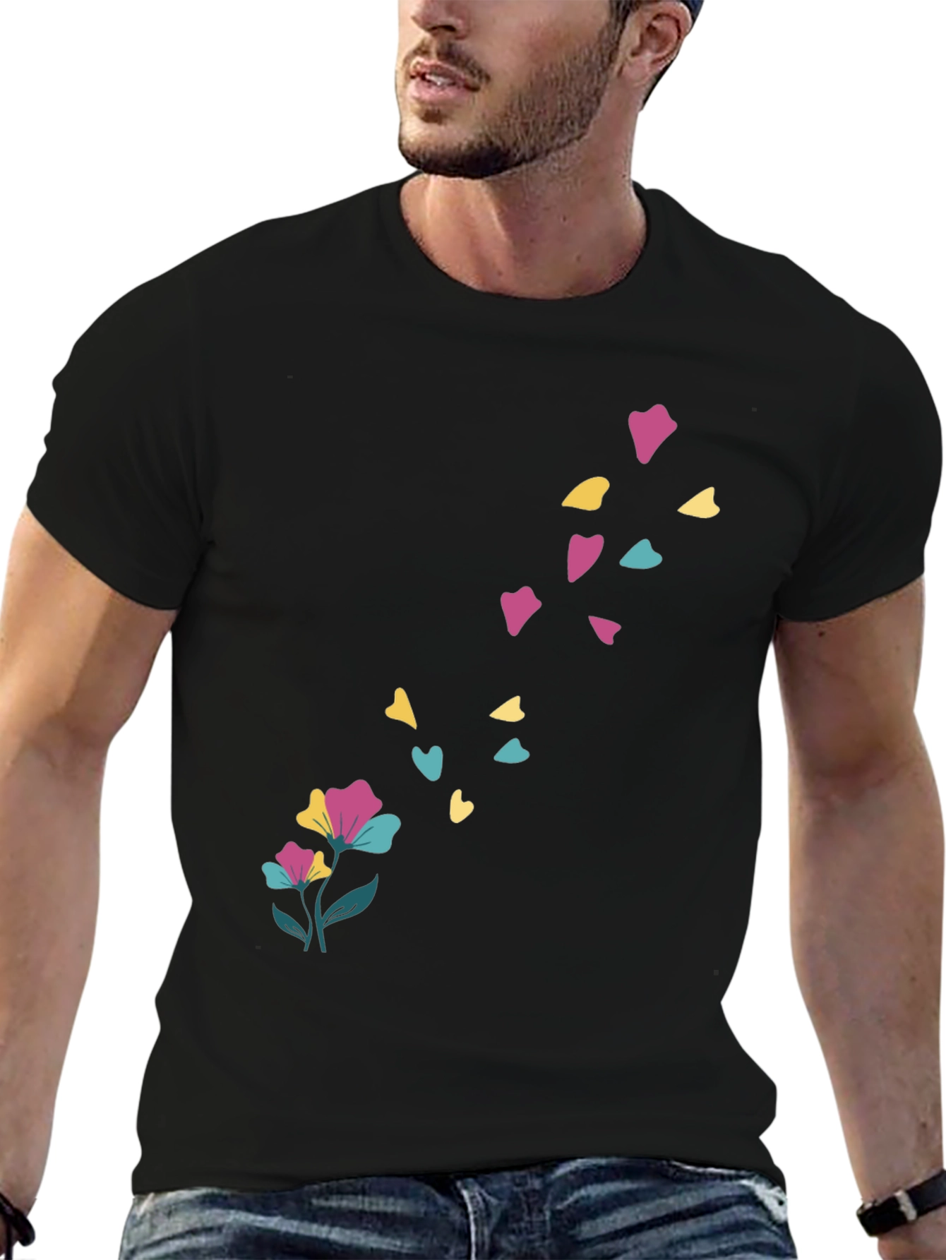Floral Heart Petal Black T-Shirt