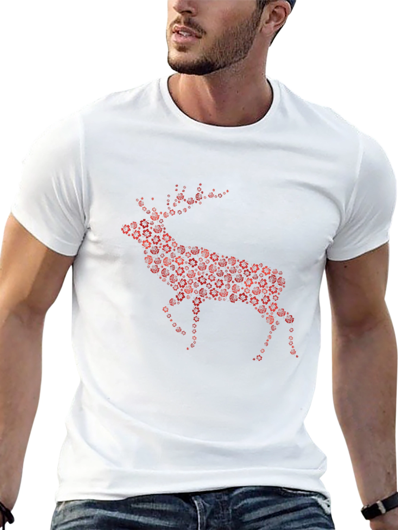 Floral Deer Graphic Tee - Black Cotton Blend