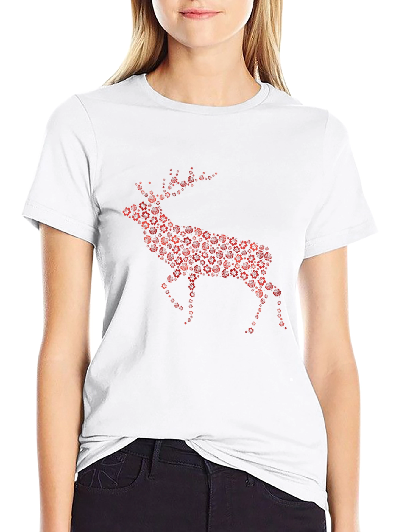 Floral Deer Graphic Tee - Black Cotton Blend