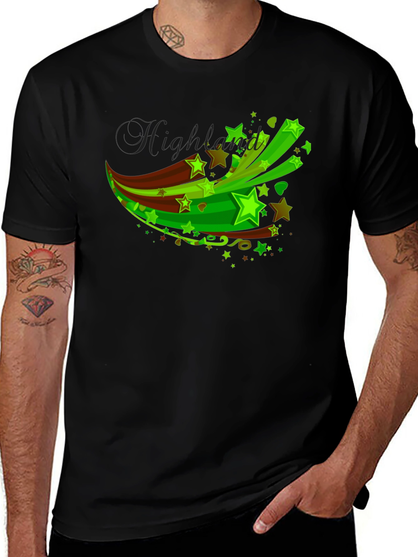 Mens Black T-Shirt with Green Star Graphic