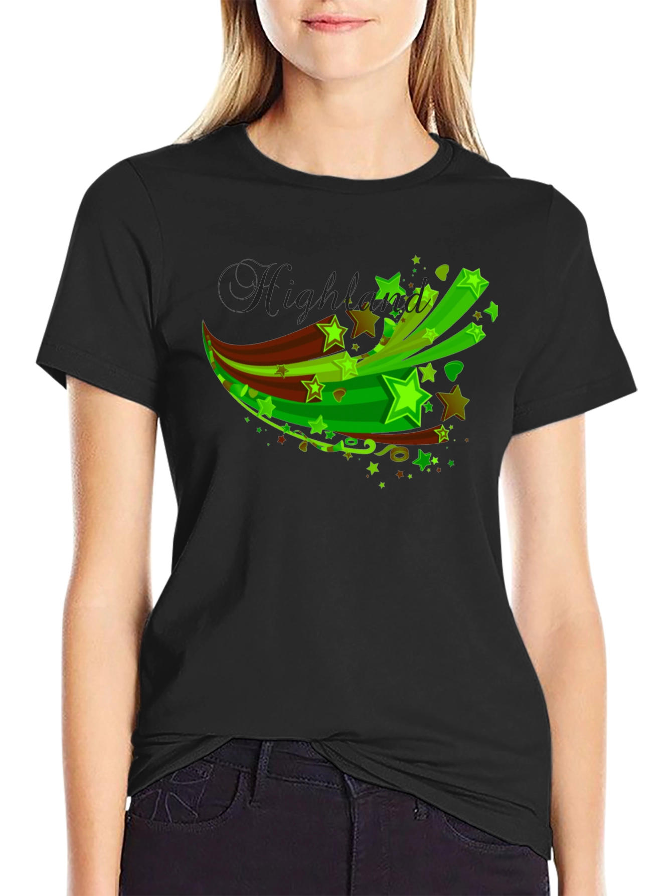 Mens Black T-Shirt with Green Star Graphic