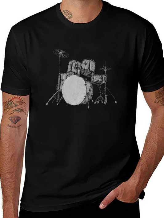 Drum Kit Graphic Tee - Black Cotton Crew Neck T-Shirt