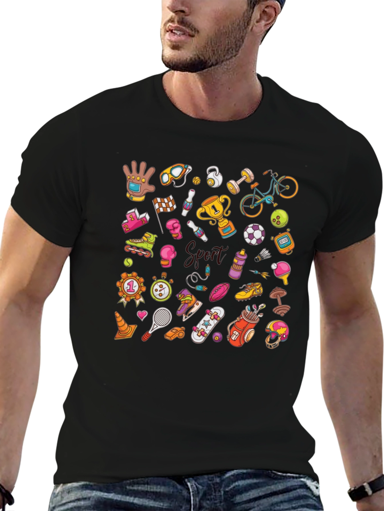 Mens Black Sports Pattern Graphic T-Shirt