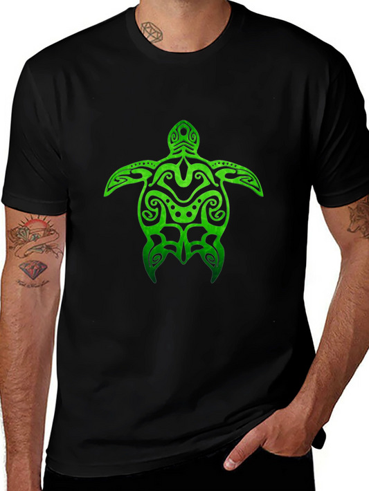 Green Turtle Tribal Design Black T-Shirt