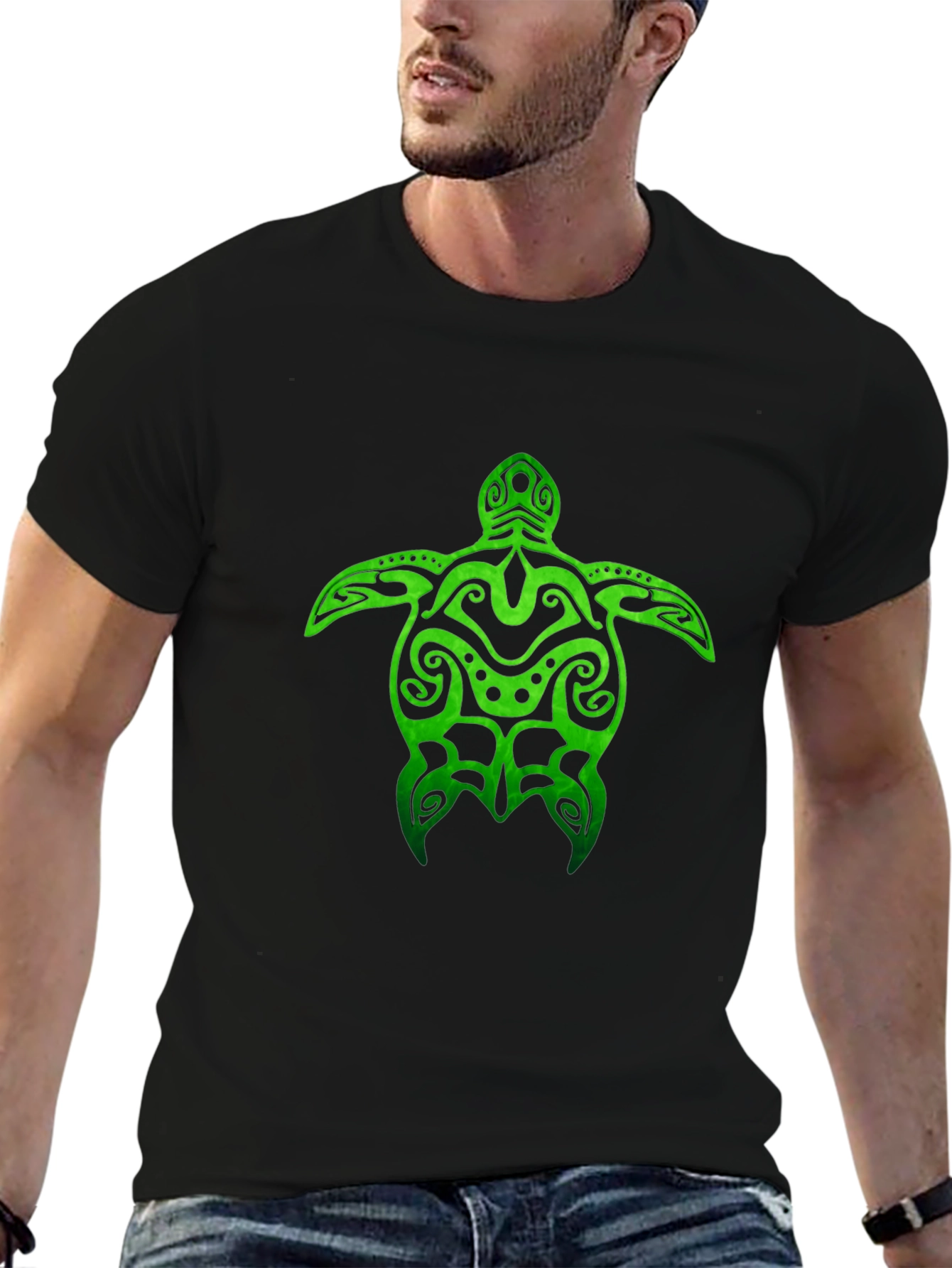 Green Turtle Tribal Design Black T-Shirt