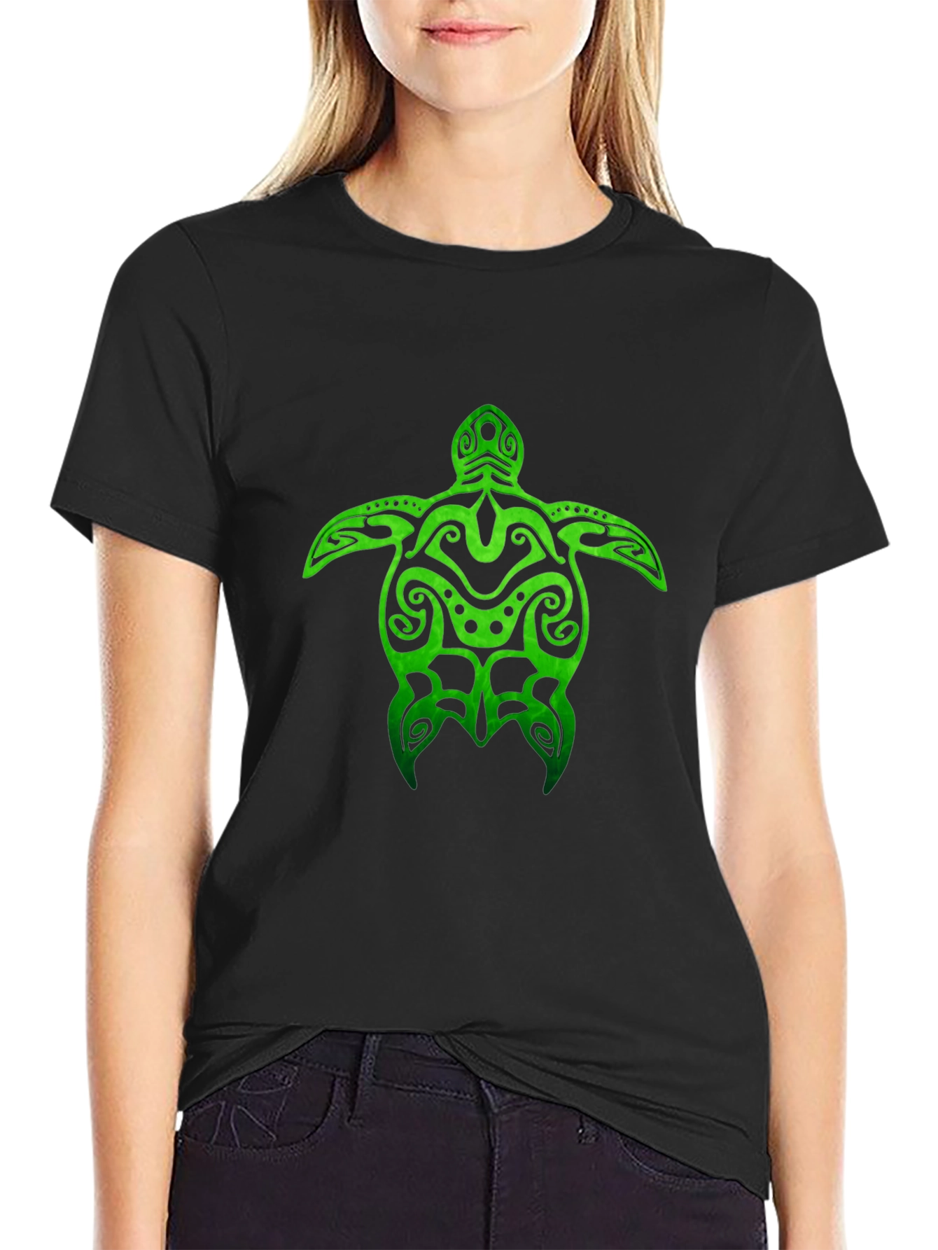 Green Turtle Tribal Design Black T-Shirt