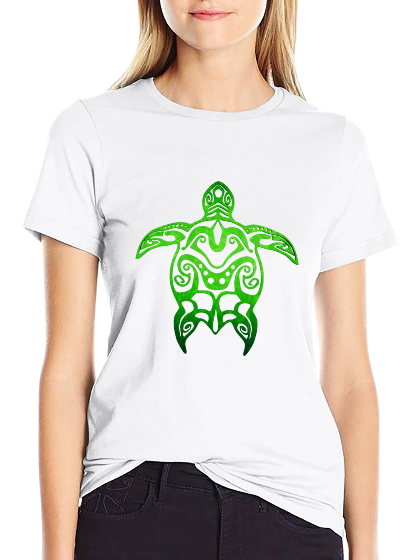 Green Turtle Tribal Design Black T-Shirt