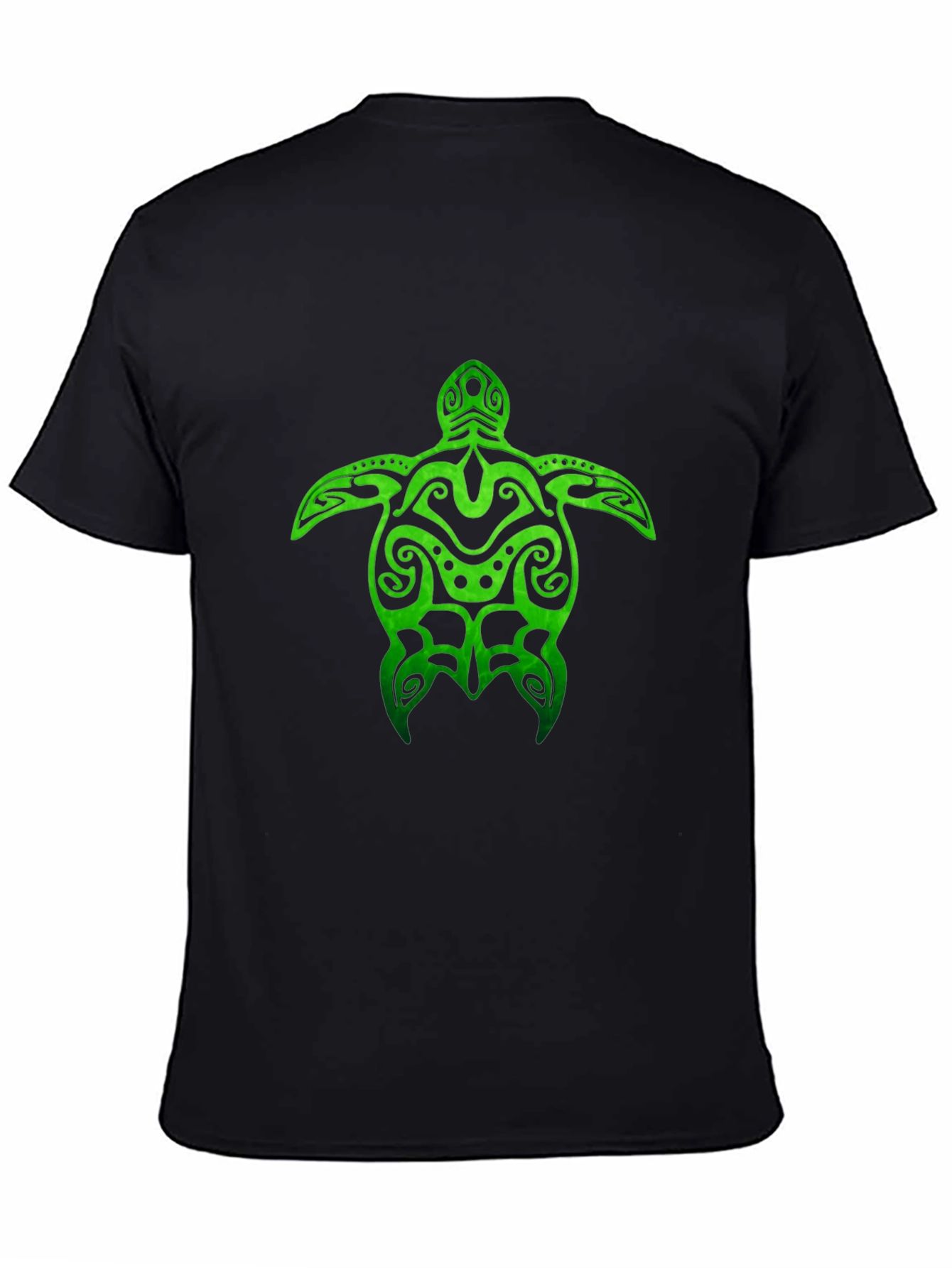 Green Turtle Tribal Design Black T-Shirt