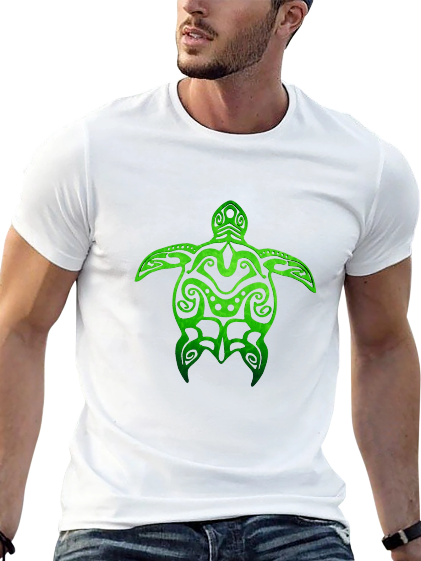 Green Turtle Tribal Design Black T-Shirt