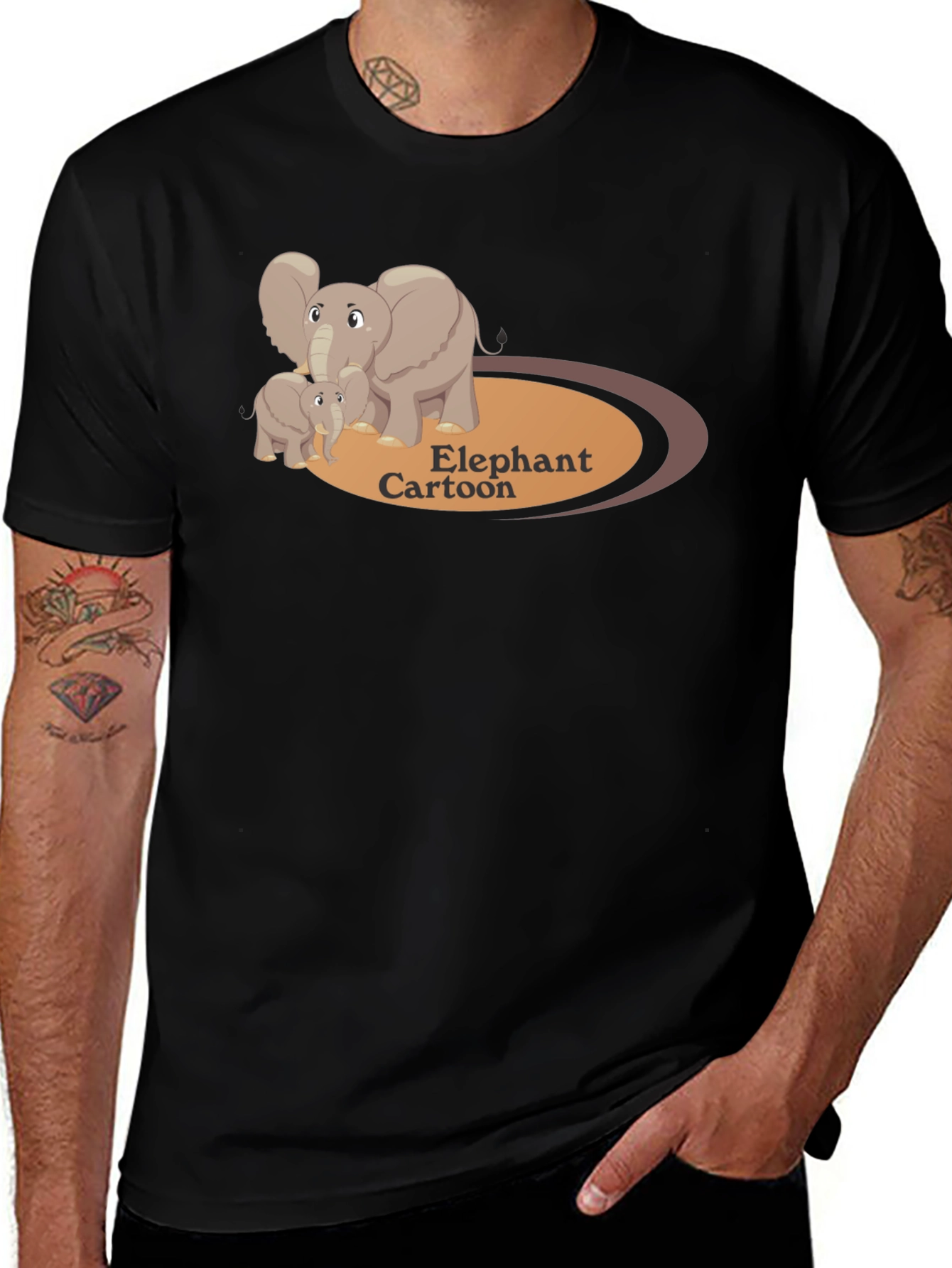 Elephant Cartoon Black T-Shirt