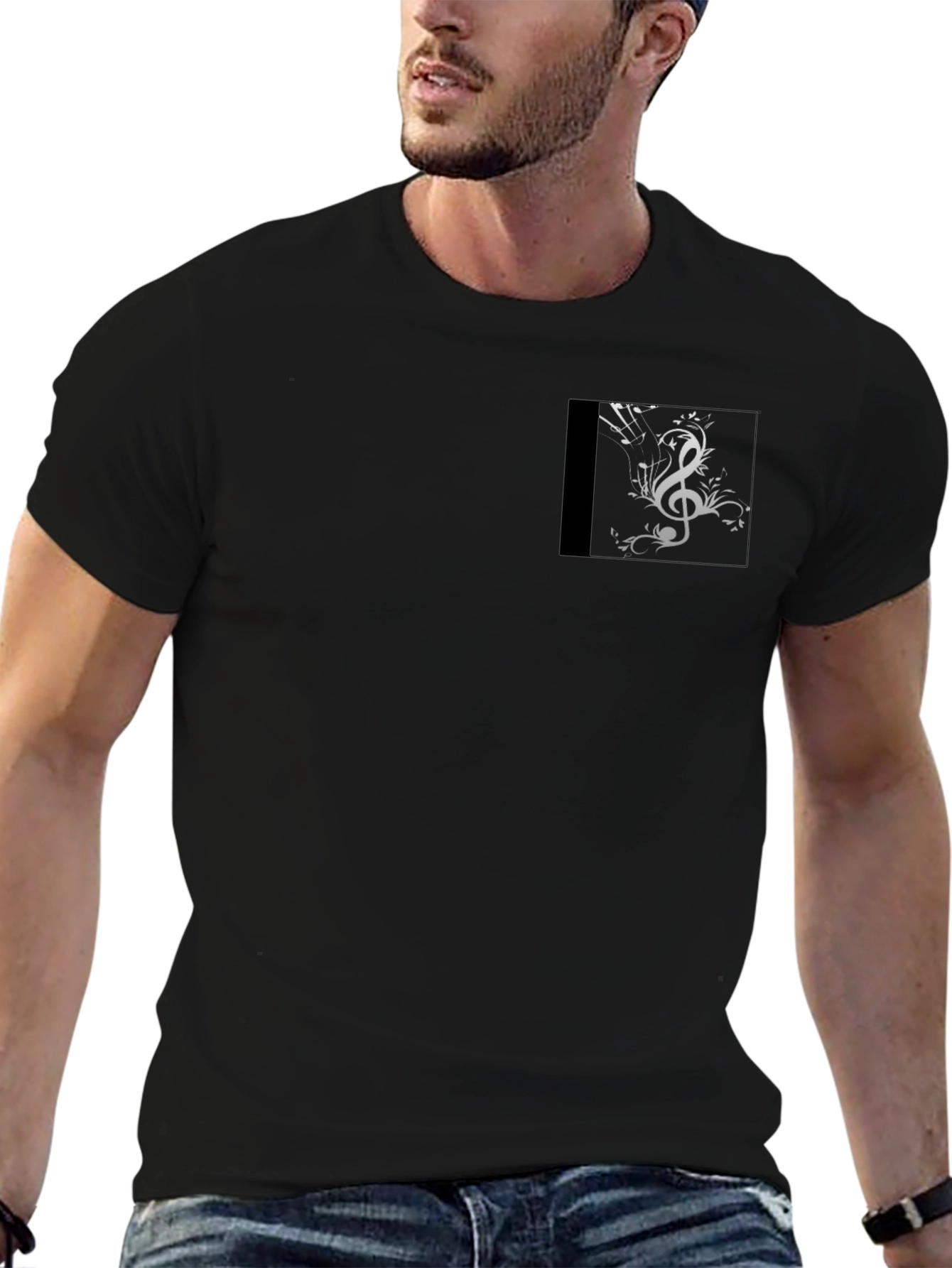 Mens Black Graphic T-Shirt with Music Clef Design