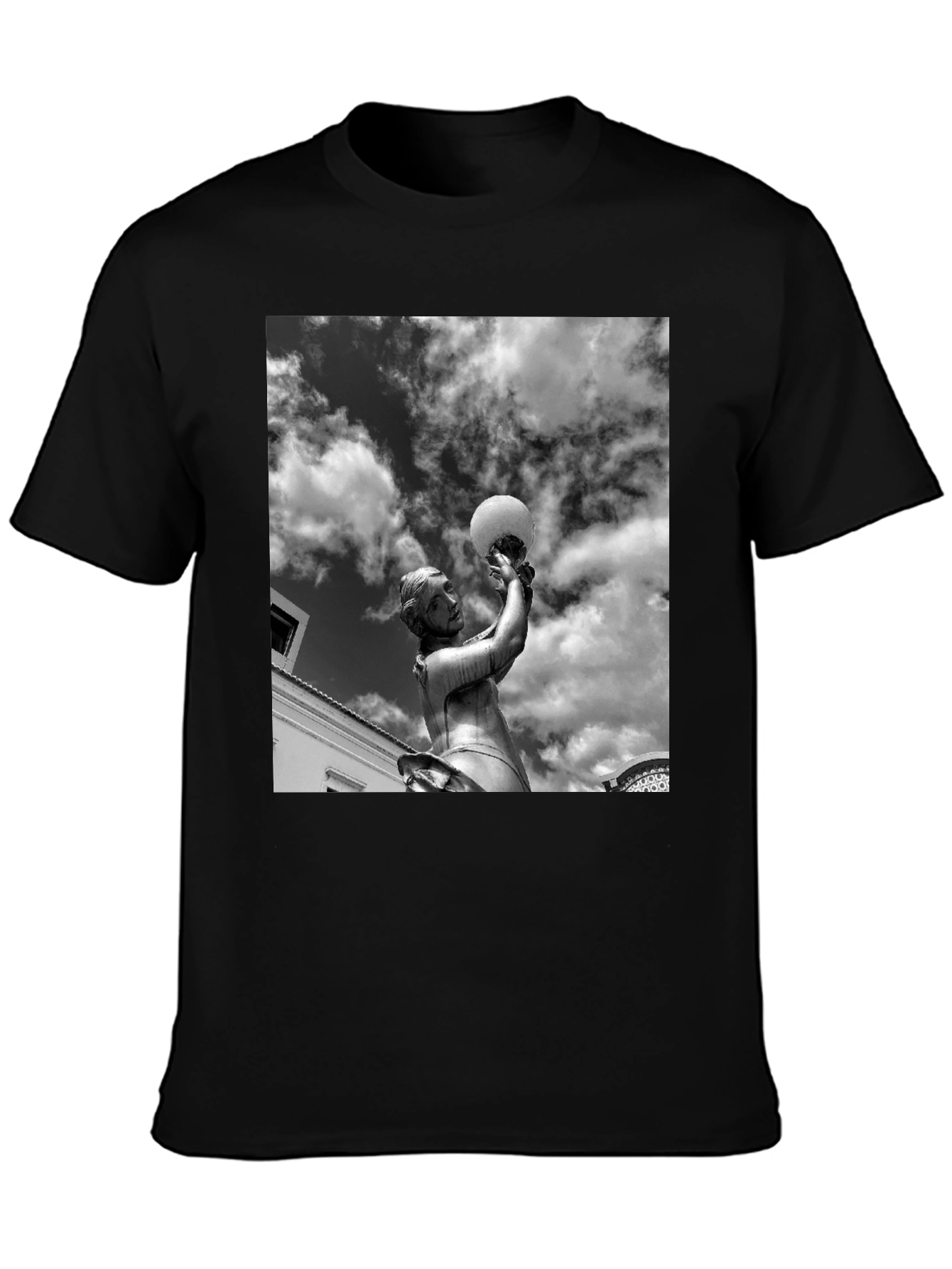 Black T-Shirt with Statue and Sky Graphic