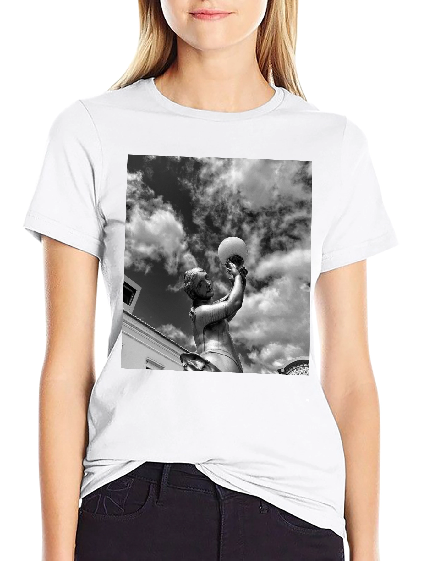 Black T-Shirt with Statue and Sky Graphic