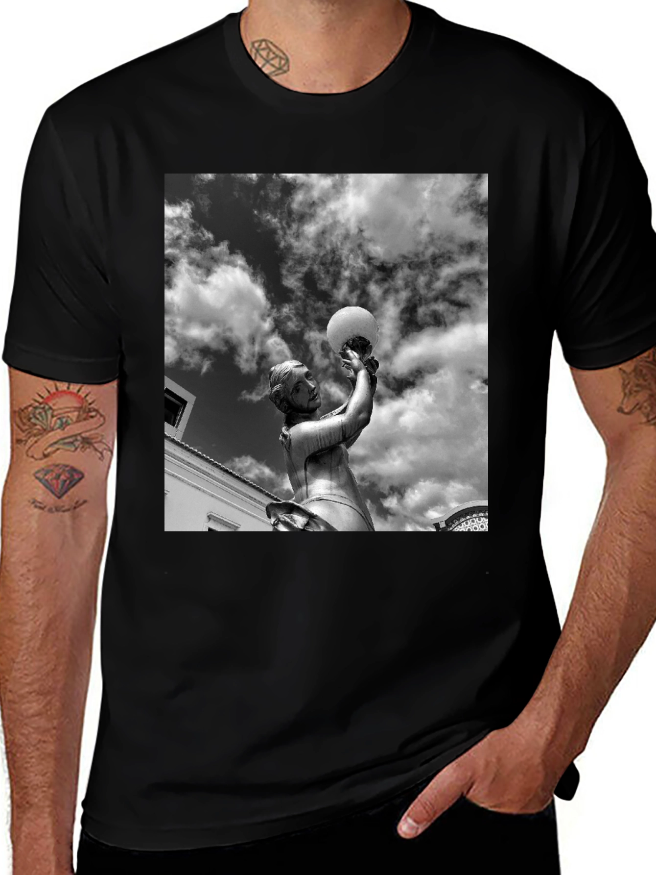 Black T-Shirt with Statue and Sky Graphic
