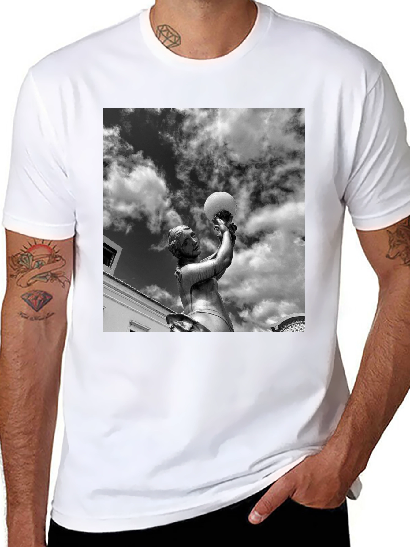 Black T-Shirt with Statue and Sky Graphic