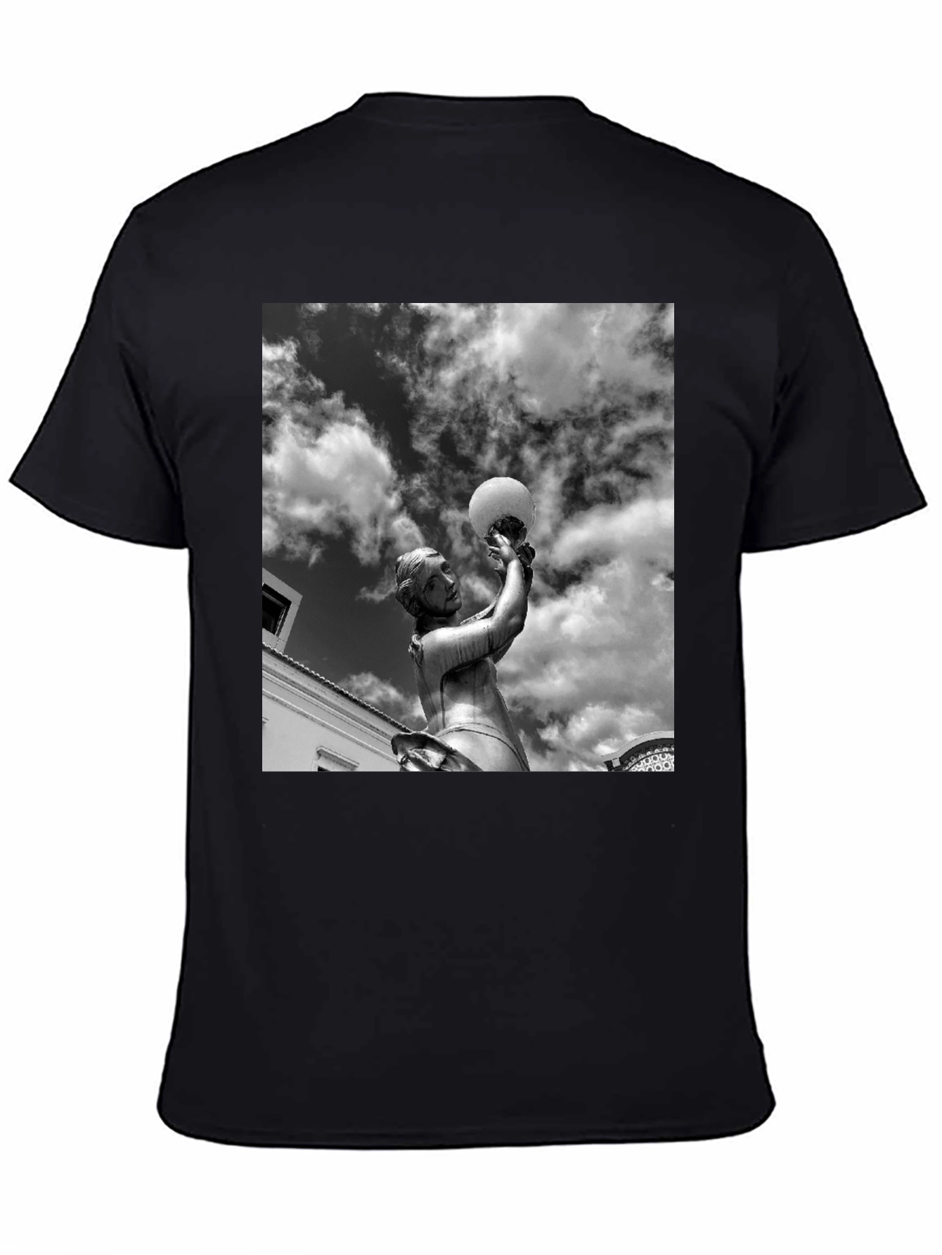 Black T-Shirt with Statue and Sky Graphic