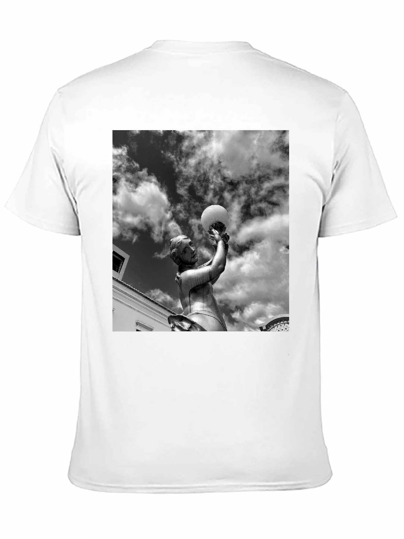 Black T-Shirt with Statue and Sky Graphic