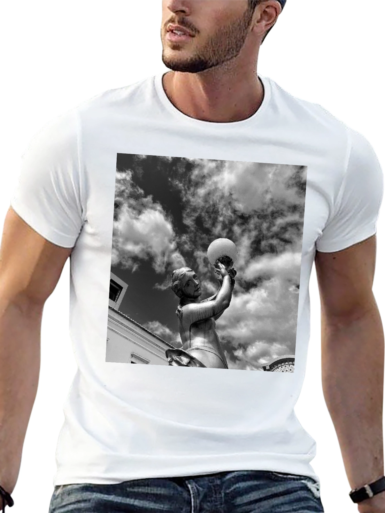 Black T-Shirt with Statue and Sky Graphic