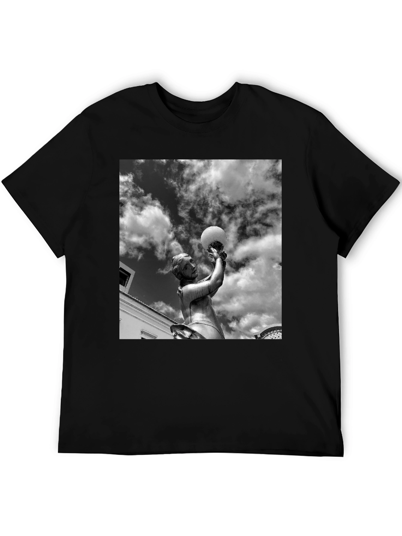 Black T-Shirt with Statue and Sky Graphic