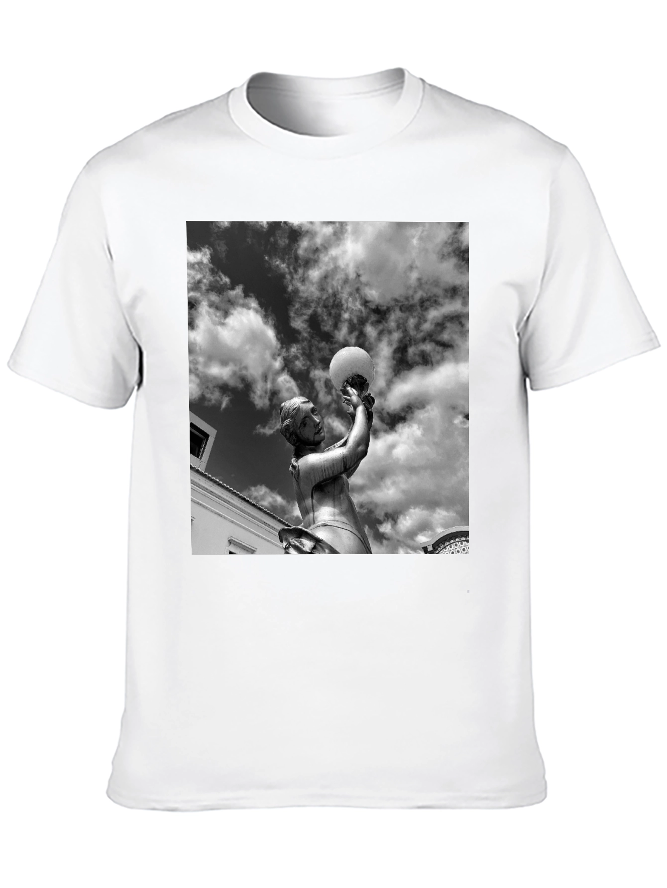 Black T-Shirt with Statue and Sky Graphic