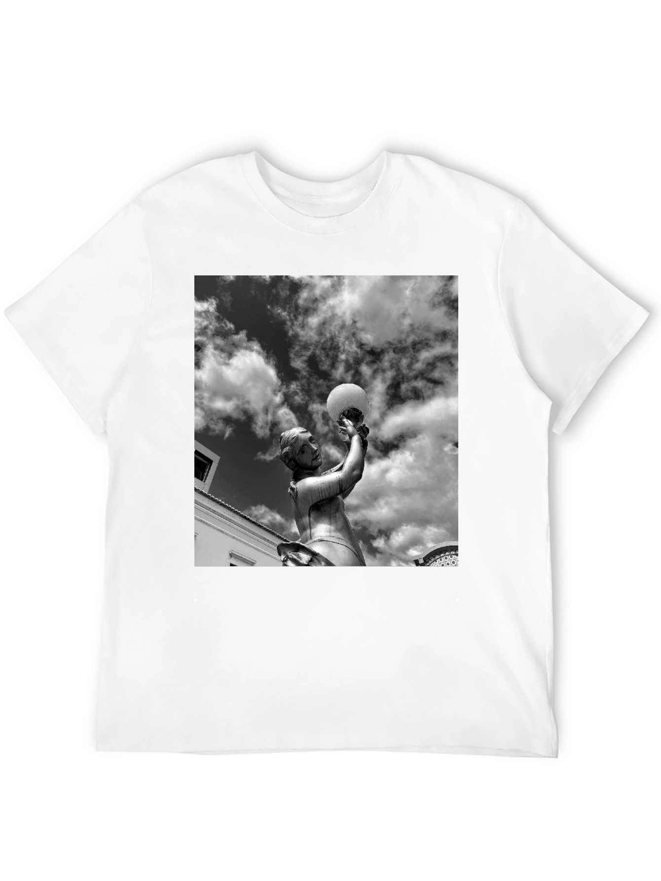 Black T-Shirt with Statue and Sky Graphic