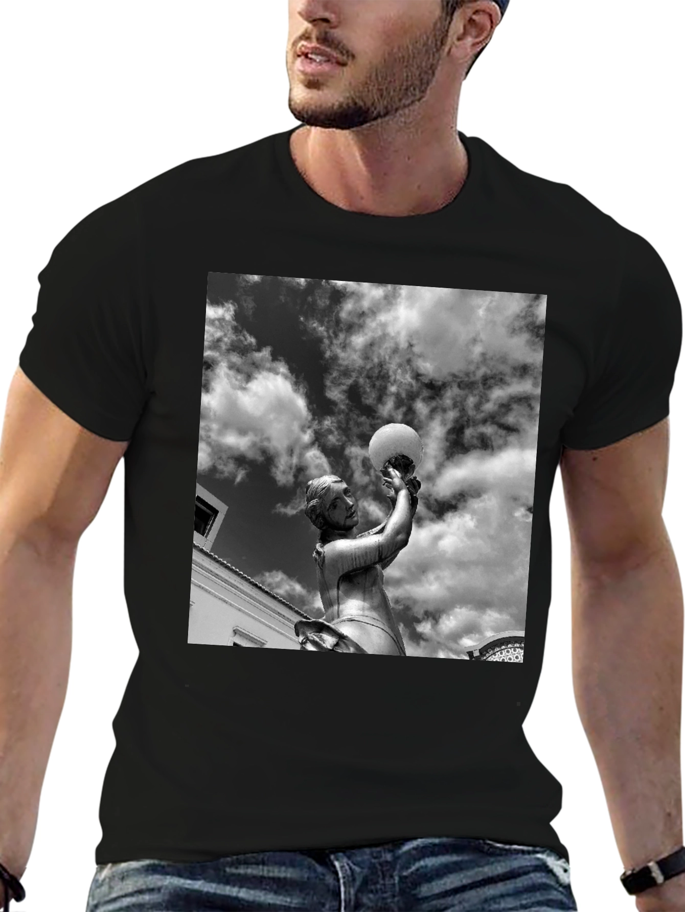 Black T-Shirt with Statue and Sky Graphic