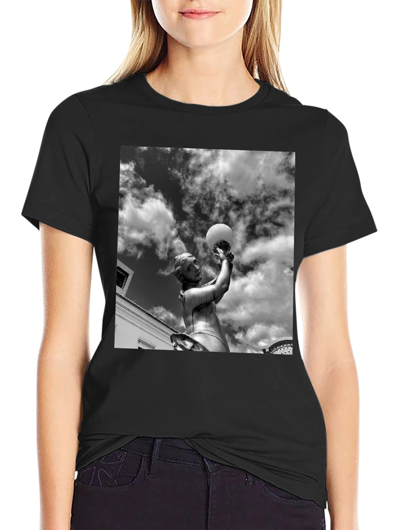 Black T-Shirt with Statue and Sky Graphic