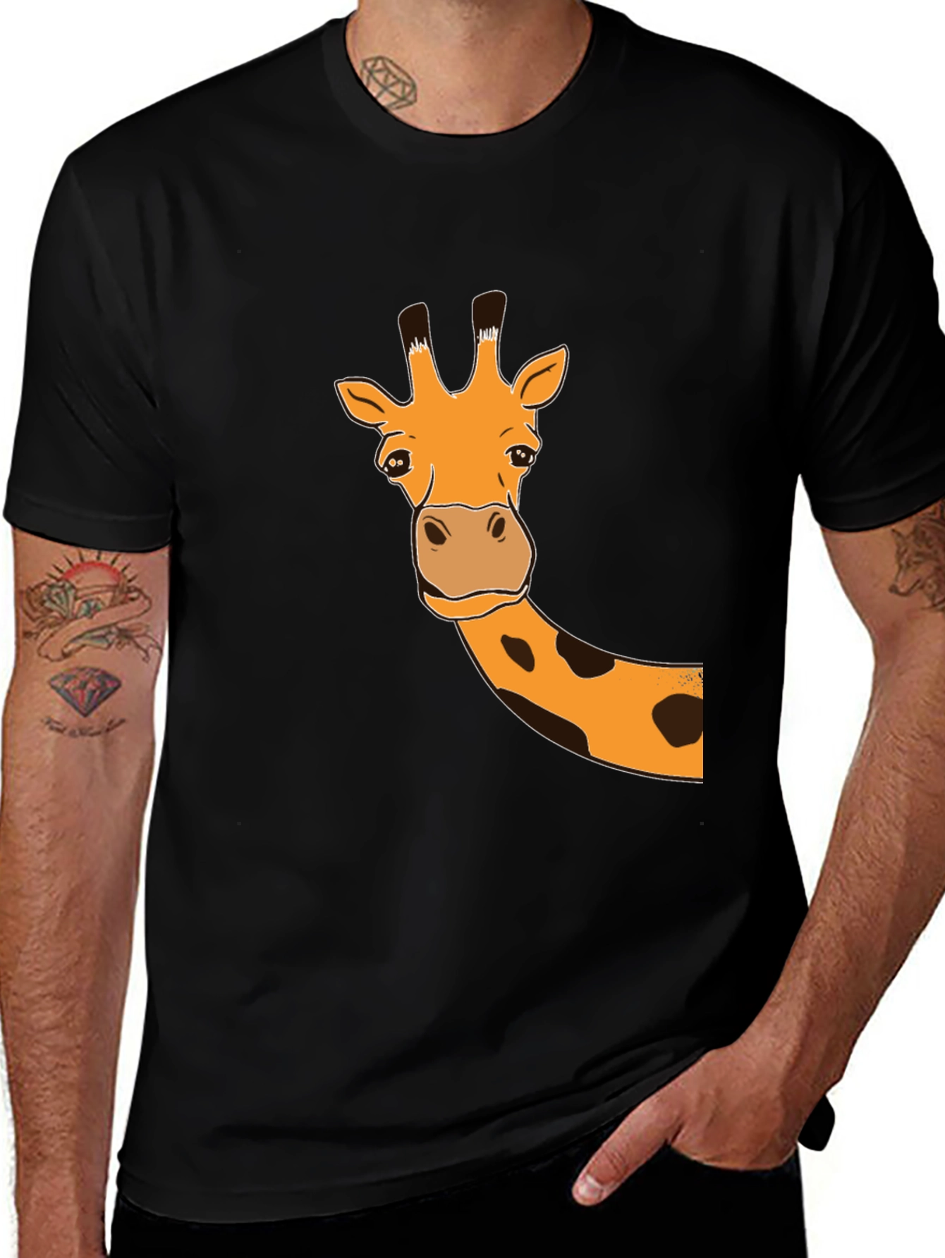 Giraffe Graphic Tee - Black Cotton Casual T-Shirt