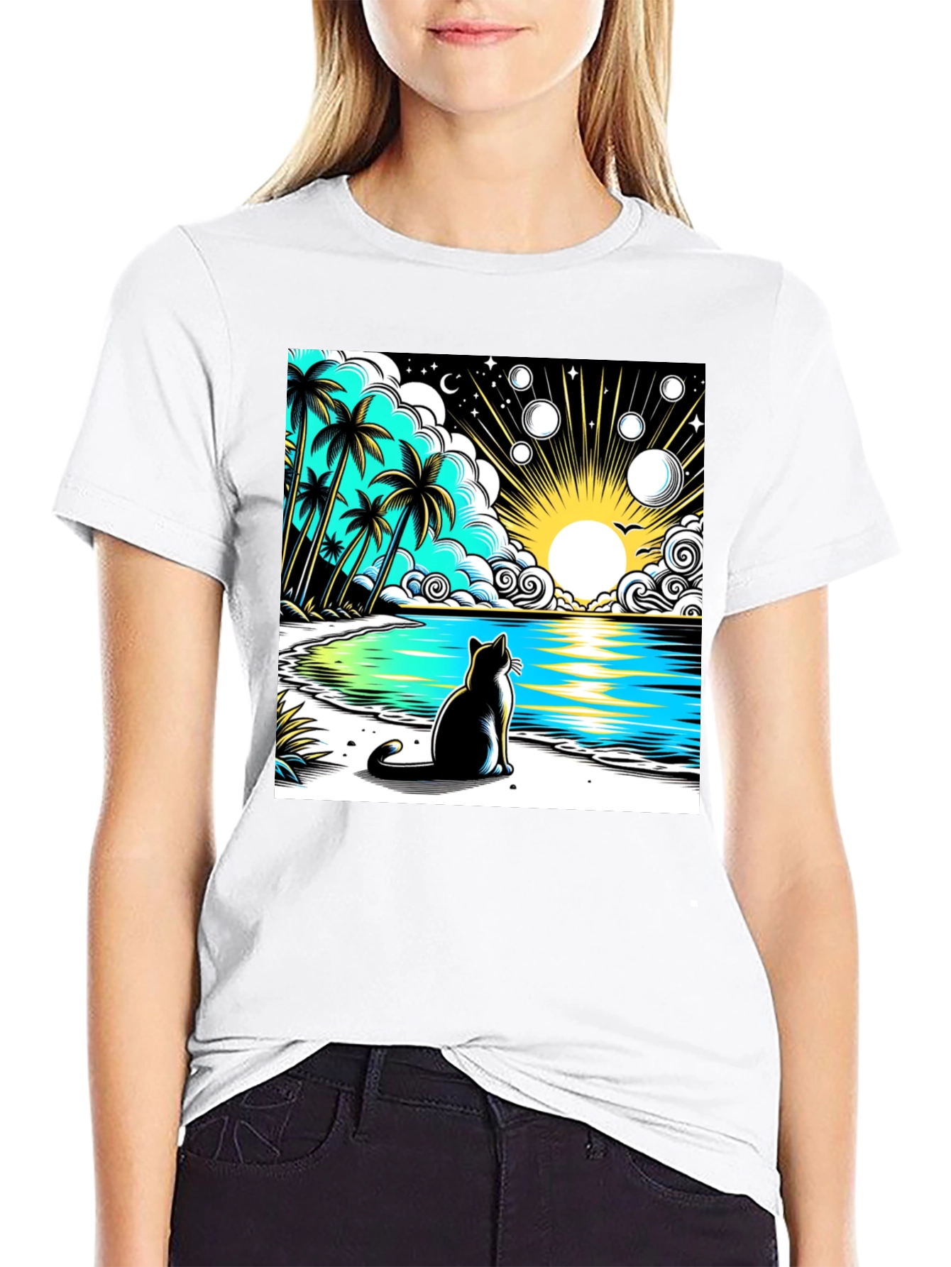 Cat on Beach Graphic Tee