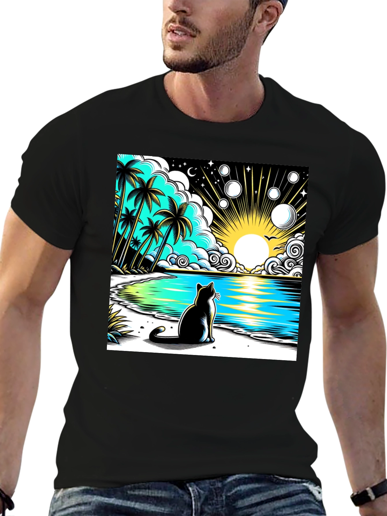 Cat on Beach Graphic Tee