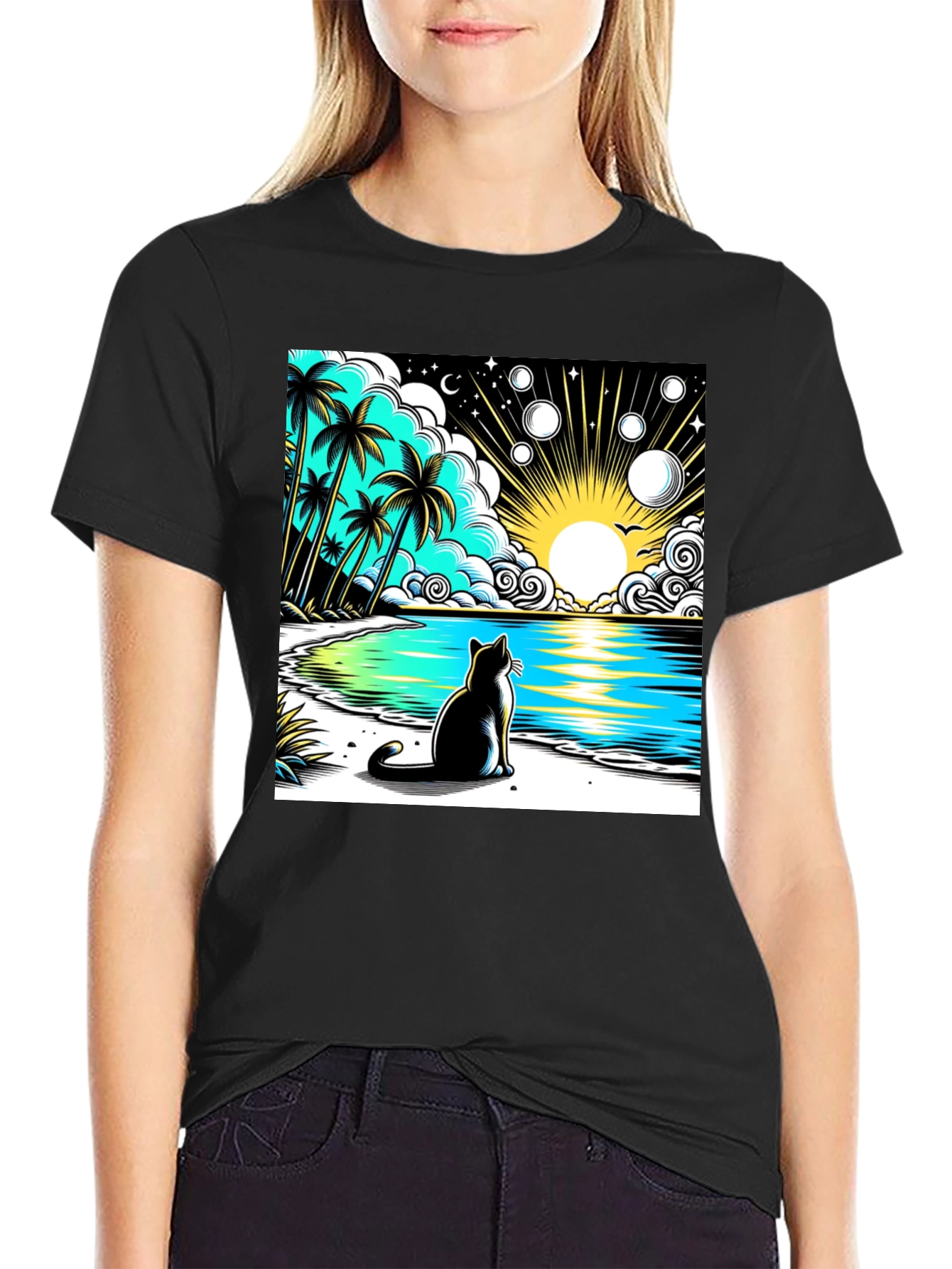 Cat on Beach Graphic Tee