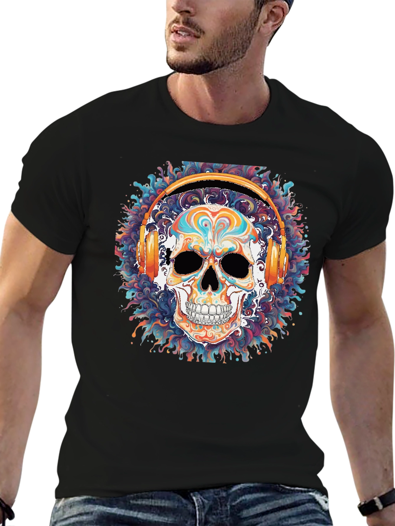 Skull Headphones Graphic Tee - Cool Black T-Shirt
