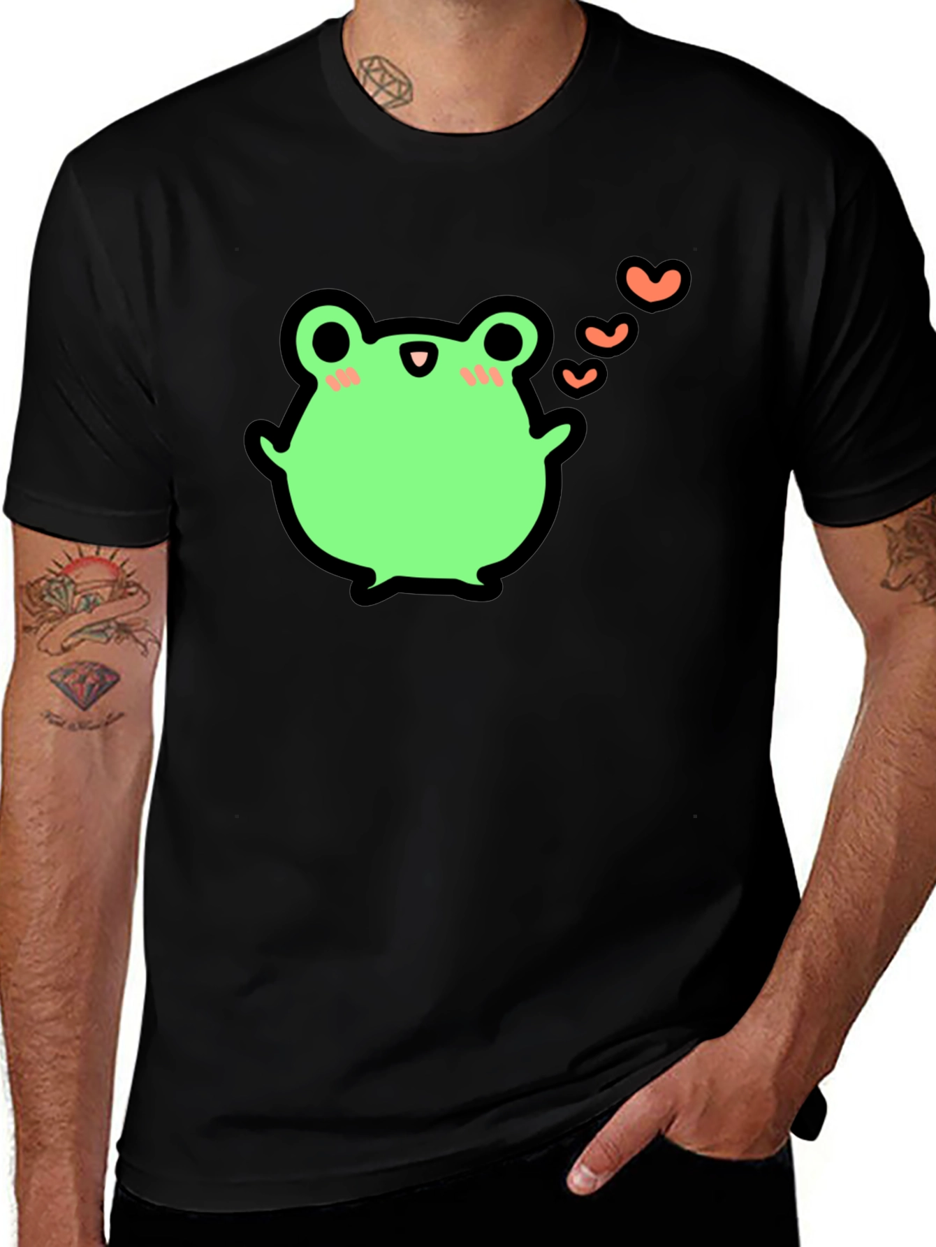 Cute Frog With Hearts Graphic Black T-Shirt